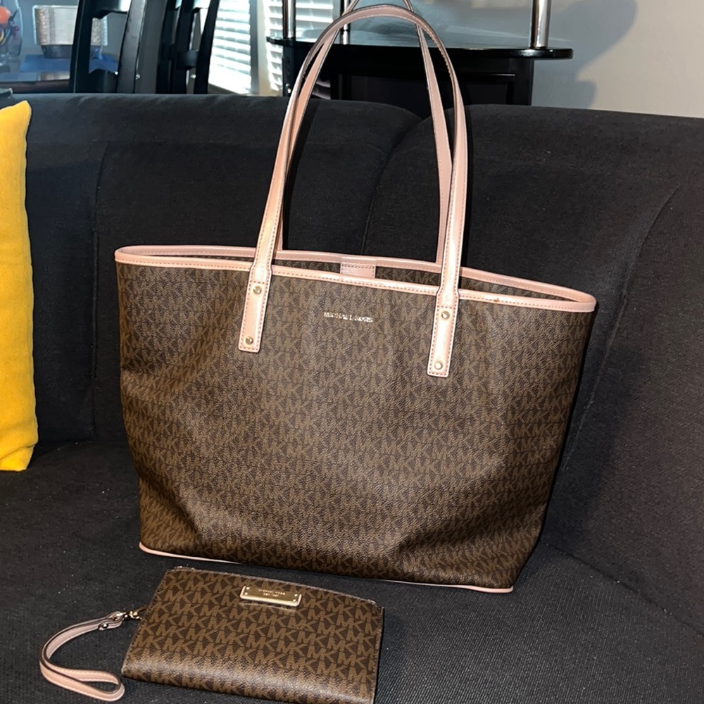 Gently used Michael Kors monogram bag with matching wallet